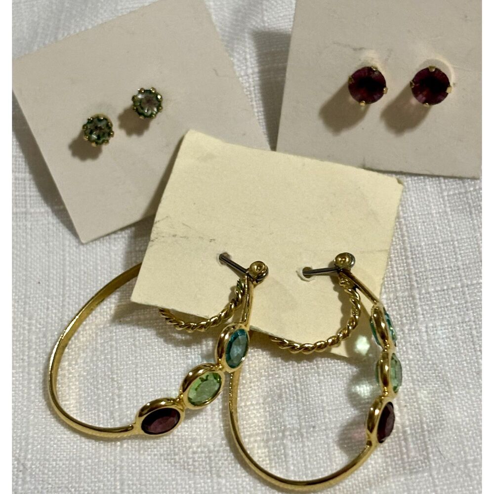 Vintage Gold Tone Earrings Lot 3 Pairs Colorful Hoop Dangle Green Red Studs